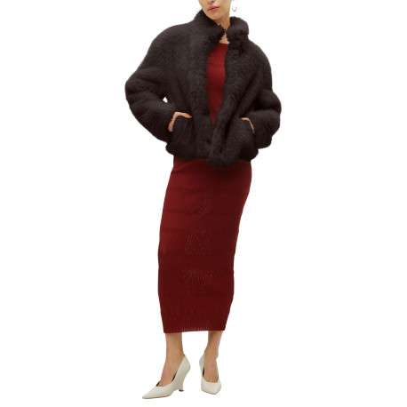 Manteau marron uni en fourrure synthétique avec un col montant - Image 6