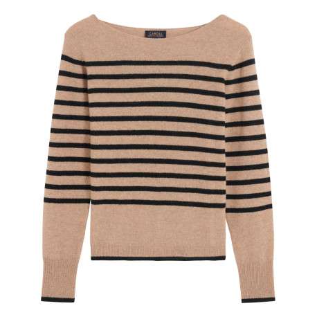Pull beige rayé avec une coupe droite col rond et à manches longues