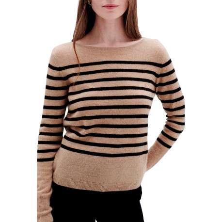 Pull beige rayé avec une coupe droite col rond et à manches longues - Image 2