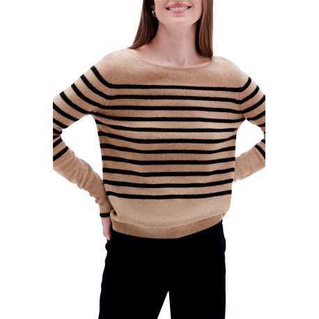 Pull beige rayé avec une coupe droite col rond et à manches longues - Image 3