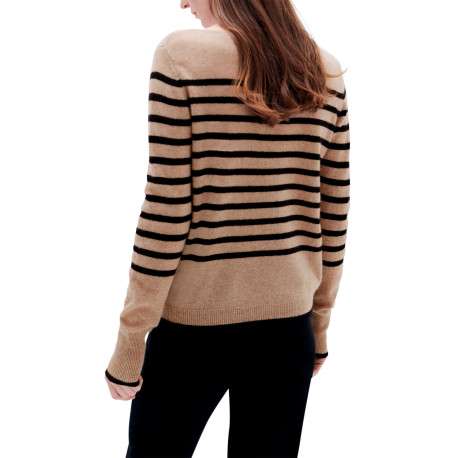 Pull beige rayé avec une coupe droite col rond et à manches longues - Image 4