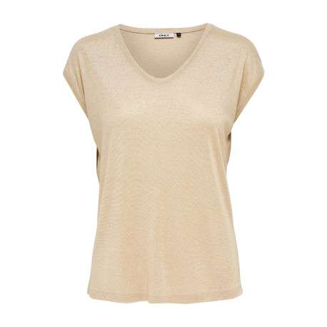 T-shirt beige uni coupe droite col v manches courtes et lurex