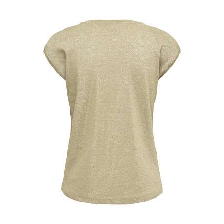 T-shirt beige uni coupe droite col v manches courtes et lurex - Image 2