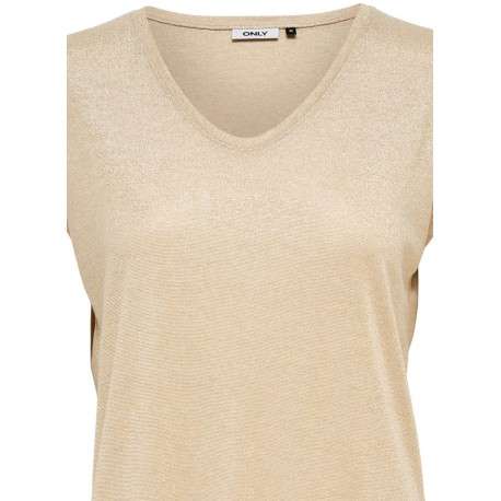 T-shirt beige uni coupe droite col v manches courtes et lurex - Image 3