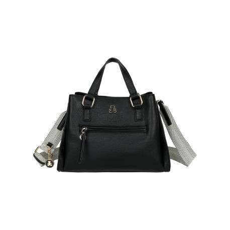 Sac à main noir uni avec logo iconique sur le devant et une petite poche