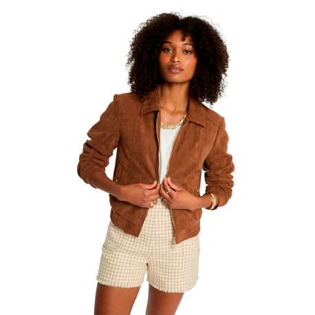 Blouson camel uni aspect daim zippé à l'avant avec un col à revers - Image 5