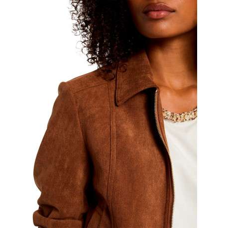 Blouson camel uni aspect daim zippé à l'avant avec un col à revers - Image 6