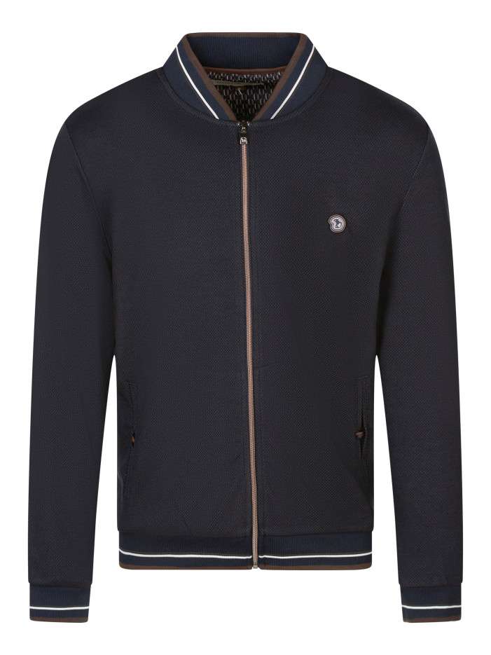 Sweat zippé bleu marine uni à col bomber avec des liserés et le logo