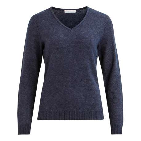 Pull basic marine chiné à col v avec les extrémités côtelées