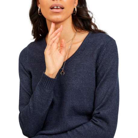 Pull basic marine chiné à col v avec les extrémités côtelées - Image 5