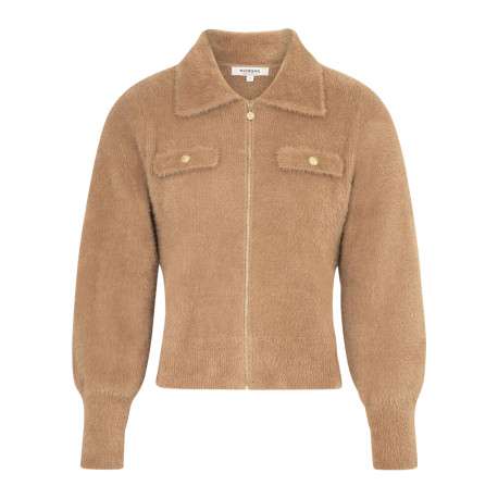 Gilet camel uni pourvu d'un col à rabats et de manches longues
