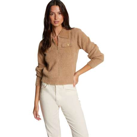 Gilet camel uni pourvu d'un col à rabats et de manches longues - Image 2