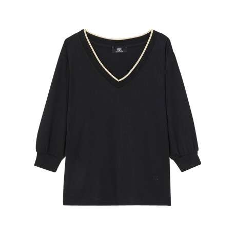 T-shirt noir uni avec une coupe droite à col v et des manches longues