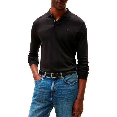 Polo en coton noir uni avec une coupe droite et un col à rabats - Image 2