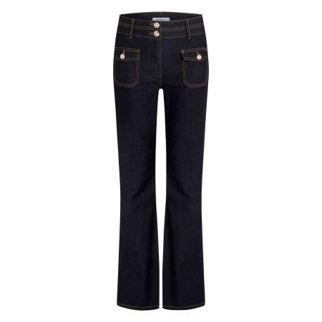 Pantalon denim en coton mélangé bleu brut uni à coupe bootcut
