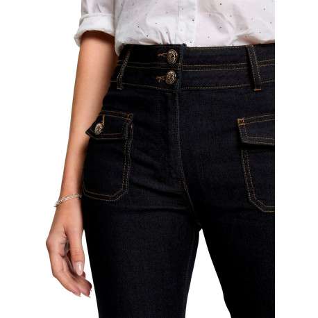 Pantalon denim en coton mélangé bleu brut uni à coupe bootcut - Image 3