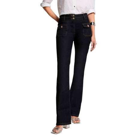 Pantalon denim en coton mélangé bleu brut uni à coupe bootcut - Image 4