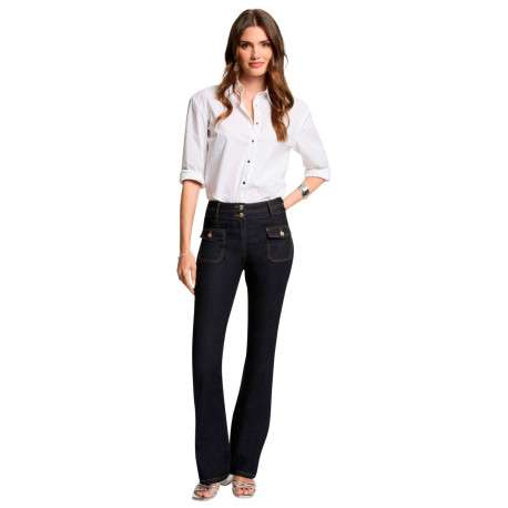 Pantalon denim en coton mélangé bleu brut uni à coupe bootcut - Image 5