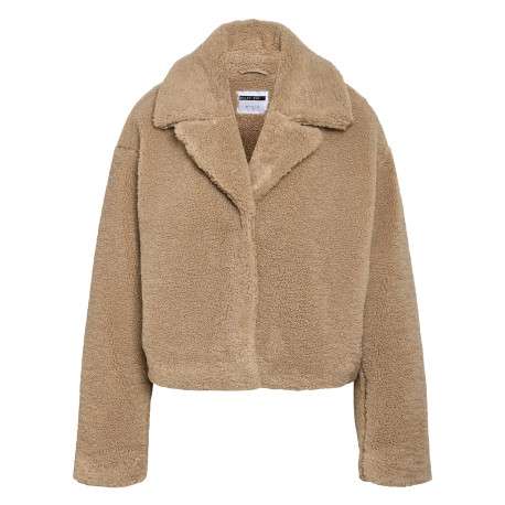 Manteau court beige uni en moumoute avec un col à revers et une coupe droite
