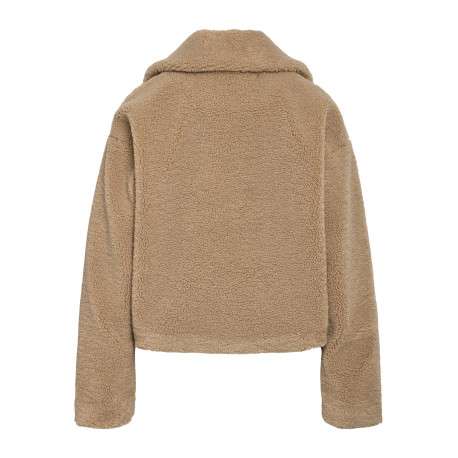 Manteau court beige uni en moumoute avec un col à revers et une coupe droite - Image 2