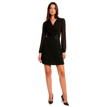 Robe noire coupe droite pourvue d'un col cache-coeur et de manches longues - Image 2