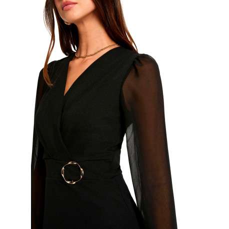 Robe noire coupe droite pourvue d'un col cache-coeur et de manches longues - Image 4