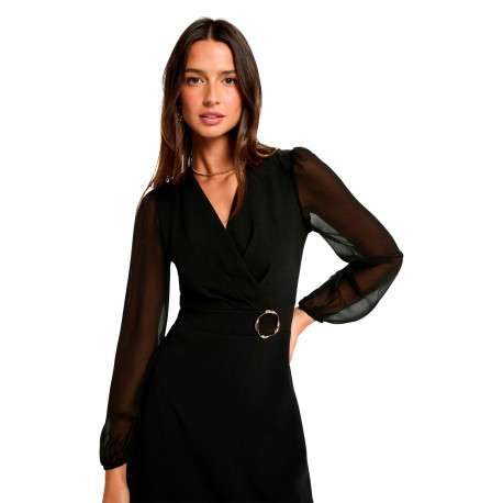 Robe noire coupe droite pourvue d'un col cache-coeur et de manches longues - Image 5
