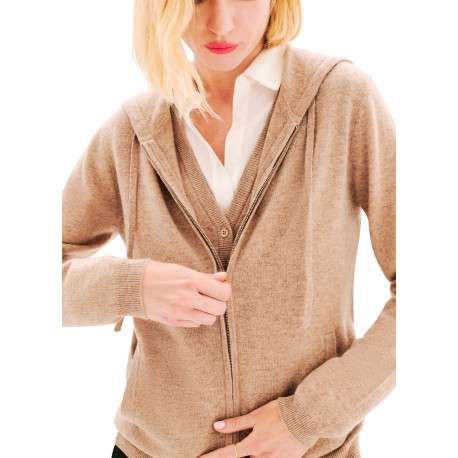 Gilet en laine taupe avec une coupe droite et un col à capuche - Image 6