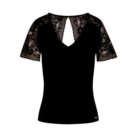 T-shirt noir côtelé à coupe près du corps et à dos nu en dentelle