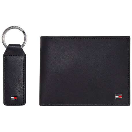 Portefeuille noir uni avec le logo de la marque inscrit et un porte clefs