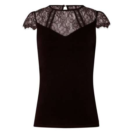 T-shirt noir uni à coupe ajustée avec un col rond en dentelle