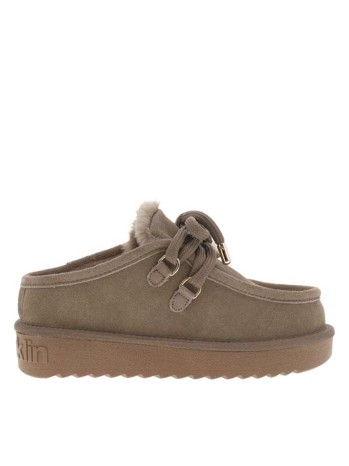 Boots en cuir taupe à talon plateau avec des lacets ronds tressés