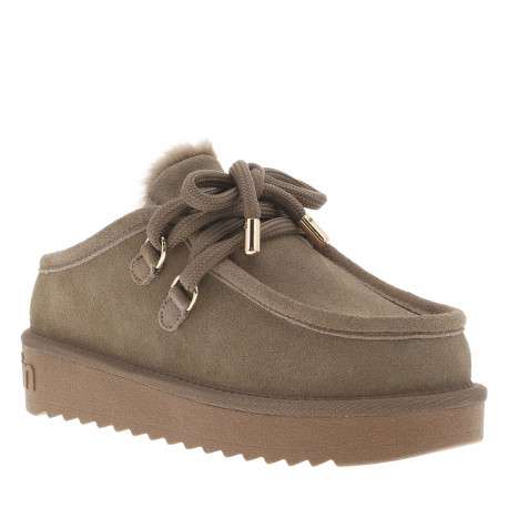 Boots en cuir taupe à talon plateau avec des lacets ronds tressés - Image 2