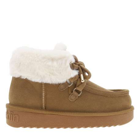 Boots en cuir taupe à talon plateau avec des lacets ronds tressés