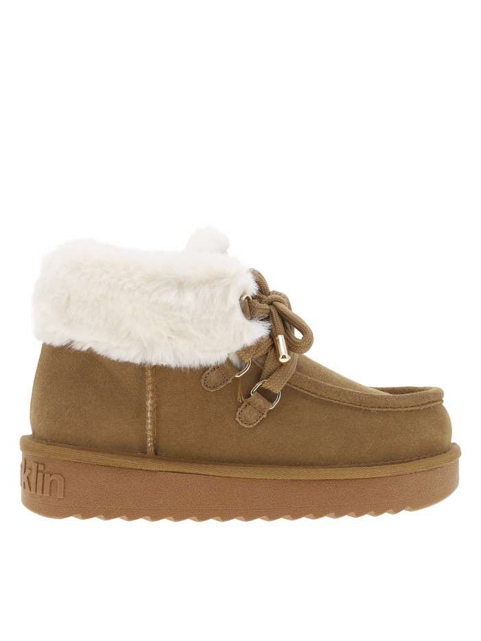 Boots en cuir taupe à talon plateau avec des lacets ronds tressés