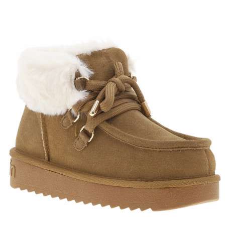 Boots en cuir taupe à talon plateau avec des lacets ronds tressés - Image 2