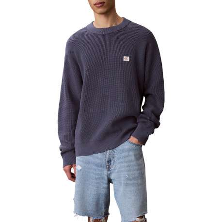 Pull en coton bleu pourvu d'une coupe ample et d'un col rond épais - Image 2