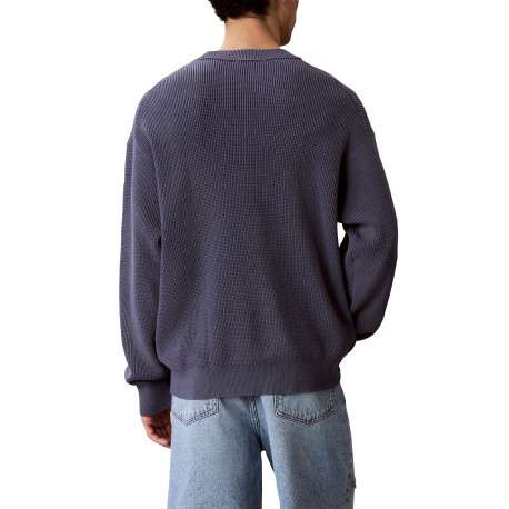 Pull en coton bleu pourvu d'une coupe ample et d'un col rond épais - Image 3