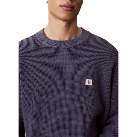 Pull en coton bleu pourvu d'une coupe ample et d'un col rond épais - Image 4