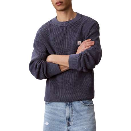 Pull en coton bleu pourvu d'une coupe ample et d'un col rond épais - Image 5