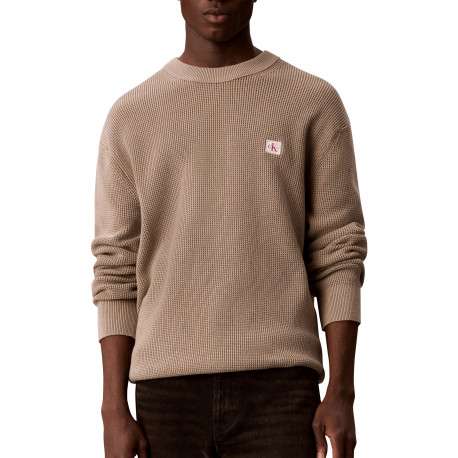 Pull en coton beige à coupe droite pourvu d'un col rond et de manches longues - Image 2