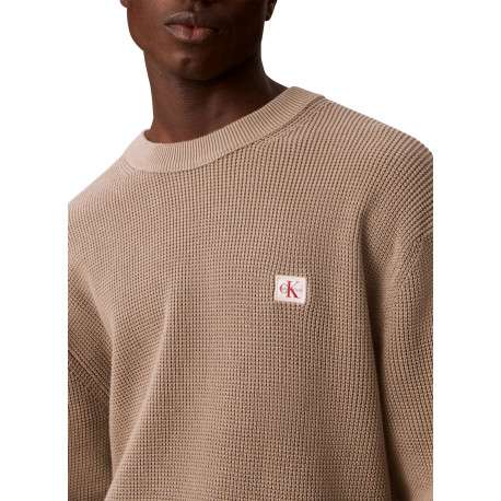 Pull en coton beige à coupe droite pourvu d'un col rond et de manches longues - Image 5