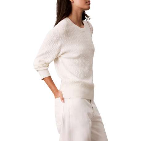 Pull blanc à coupe droite pourvu d'un col rond et de manches longues - Image 4