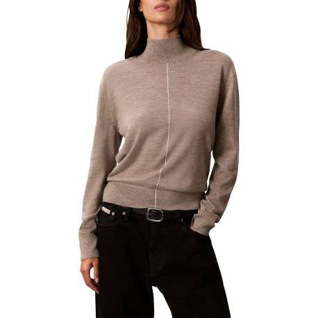 Pull taupe à coupe droite pourvu d'un col montant et de manches longues - Image 2