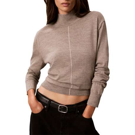 Pull taupe à coupe droite pourvu d'un col montant et de manches longues - Image 5