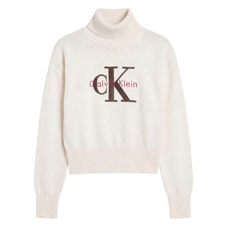 Pull en coton beige pourvu d'une coupe ajustée et d'un col montant