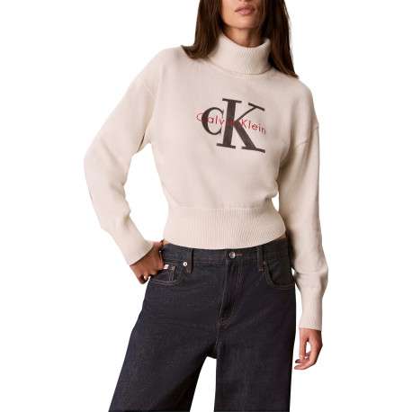 Pull en coton beige pourvu d'une coupe ajustée et d'un col montant - Image 2