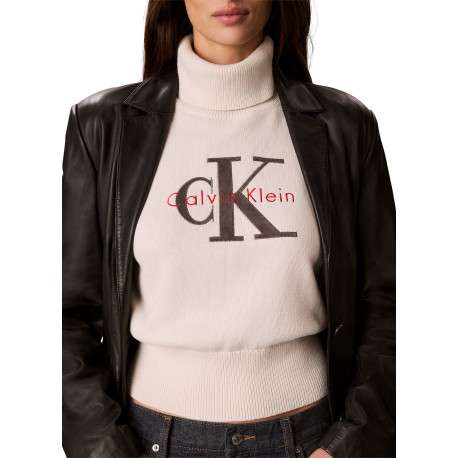 Pull en coton beige pourvu d'une coupe ajustée et d'un col montant - Image 5