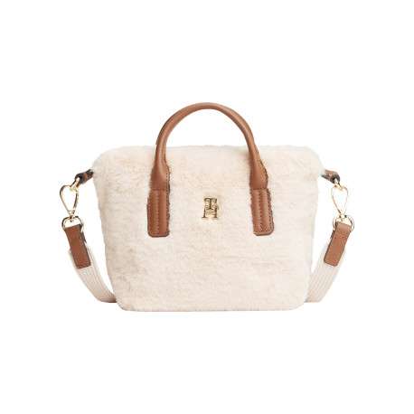 Mini Sac écru en fausse fourrure orné du monogramme TH doré doté de 2 anses