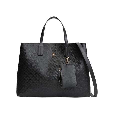 Sac cabas noir à porté épaule orné d'un motif monogramme embossé